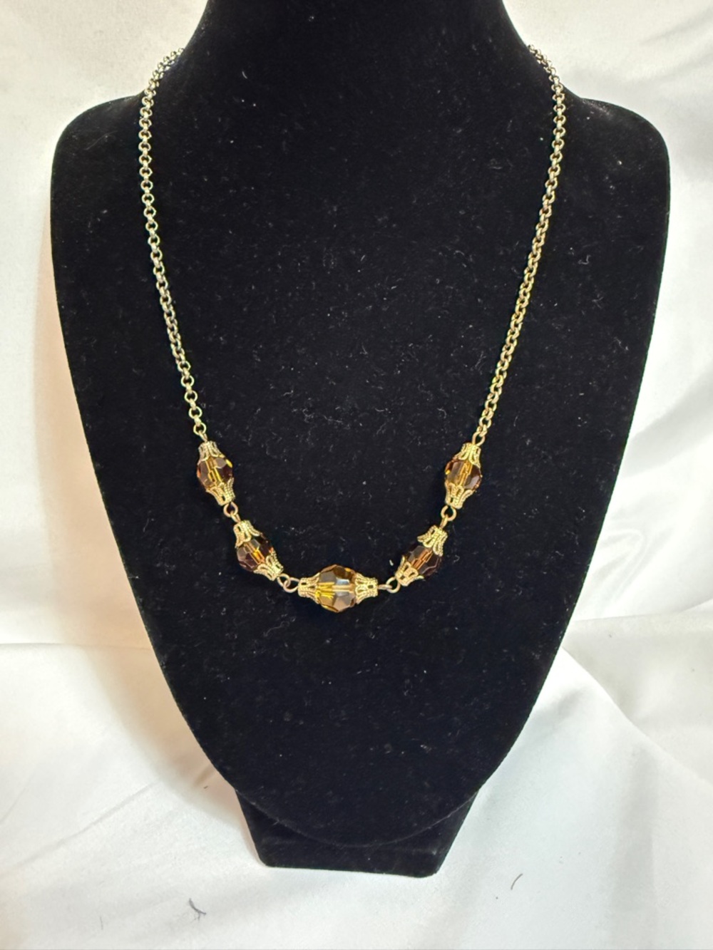 Necklace Amber Faceted Beads with Gold Tone Chain 18-15 IN Adjustable 1928